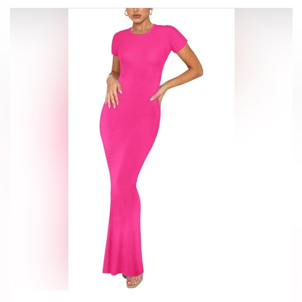 REORIA Basic Casual Lounge Elegant Crew Neck Bodycon Elegant Pink Maxi Dress